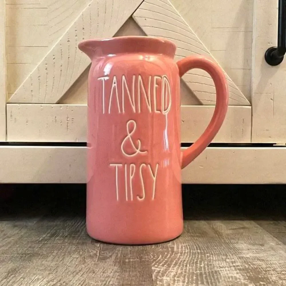 NWT Rae Dunn Salmon Coral Pink Tanned and Tipsy Gorgeous Ceramic Pitcher New